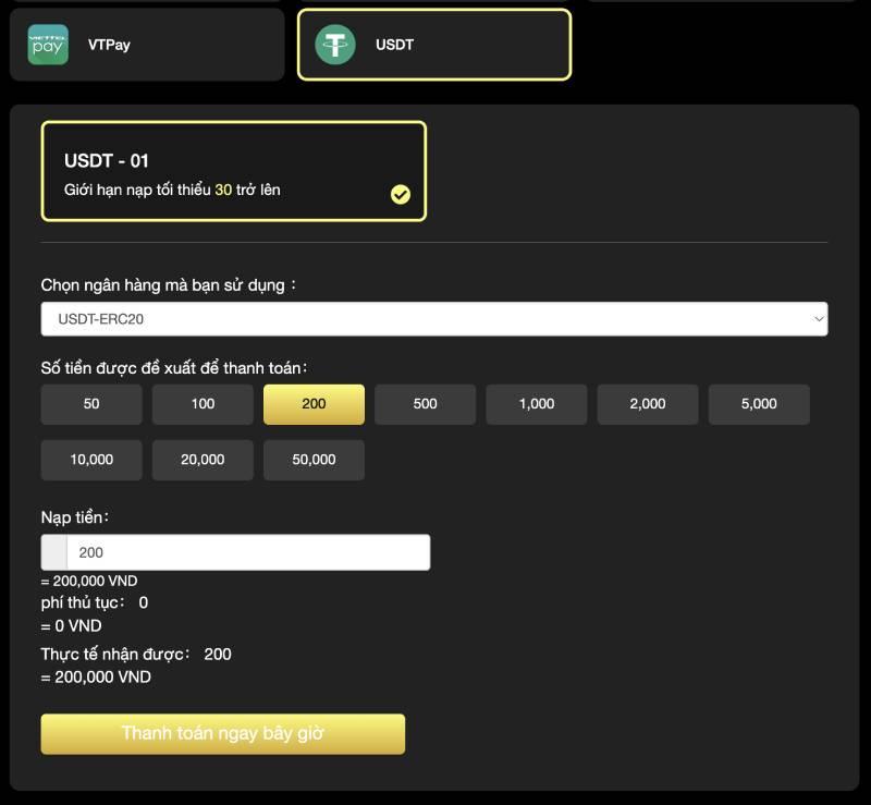 VTPay, Thẻ cào và USDT